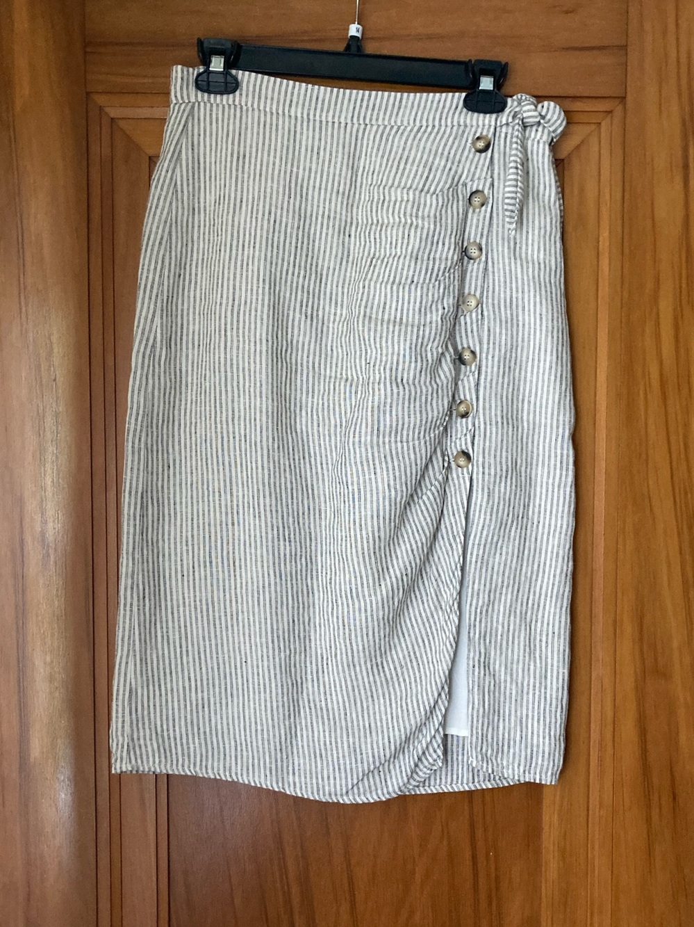 Audele / Striped Linen Blend Wrap Midi straight Skirt